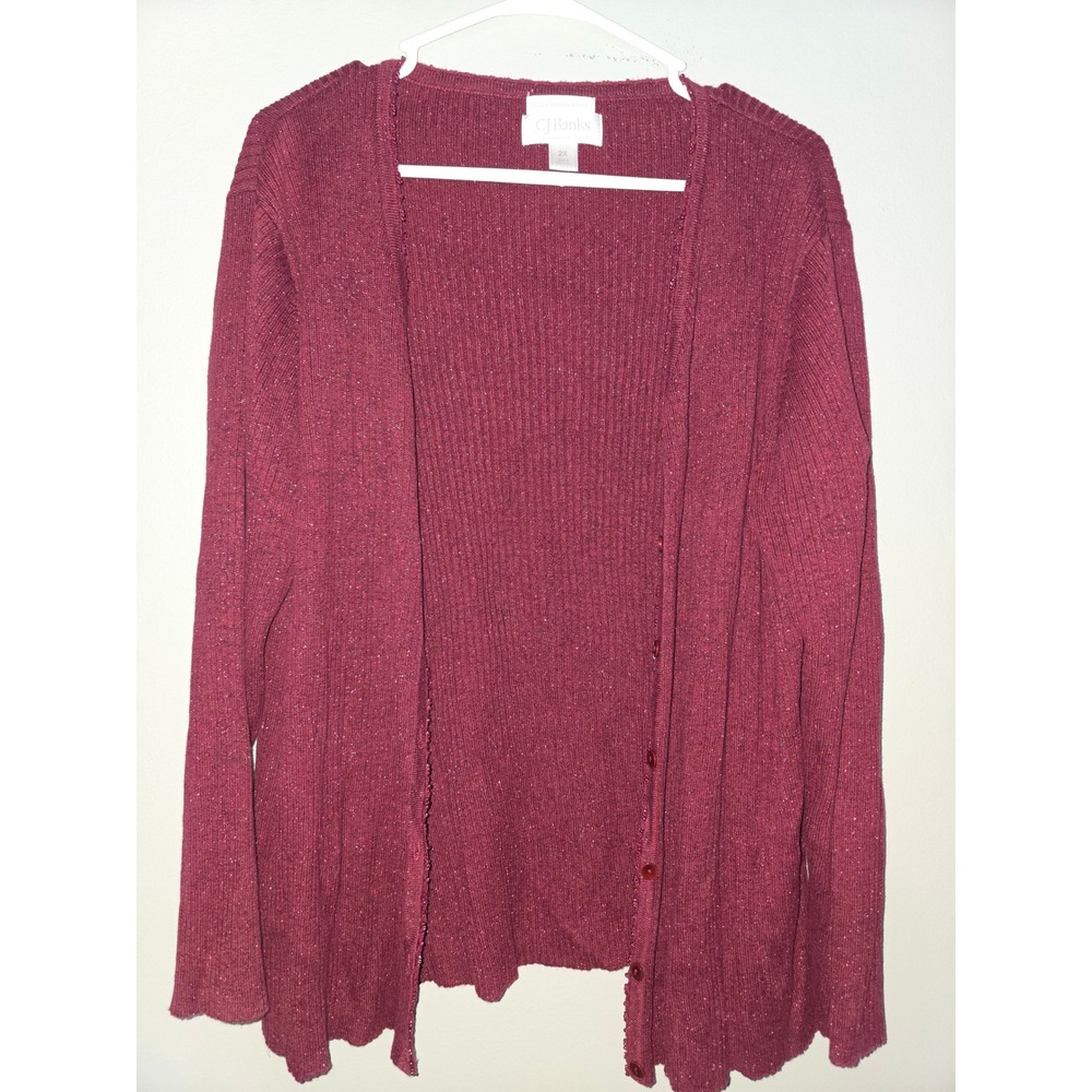 CJ Banks Womens 2X Burgundy Metallic Beaded Ribbed Cardigan Sweater 5351